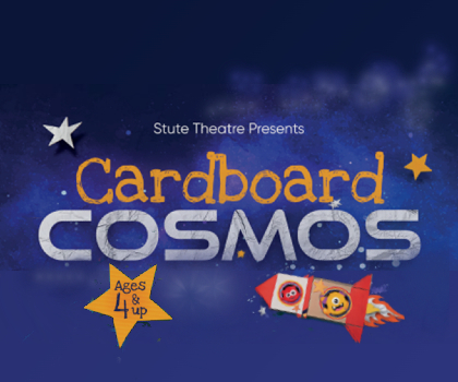 Carboard Cosmos logo with a rocket ship flying towards the words